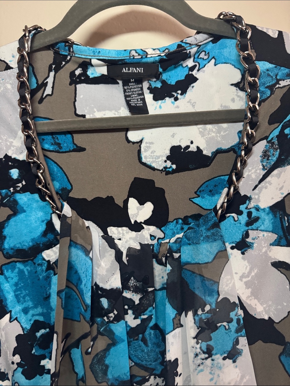 Alfani Teal Blue White Floral Long-Sleeve Blouse